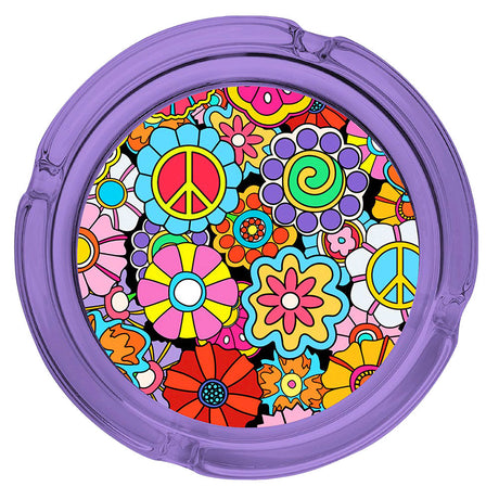 Fujima Hippie Flower Glass Ashtray with colorful retro design, top view on white background