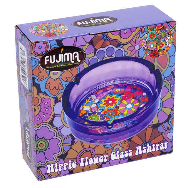 Fujima Hippie Flower Glass Ashtray in packaging with vibrant floral design, durable borosilicate glass