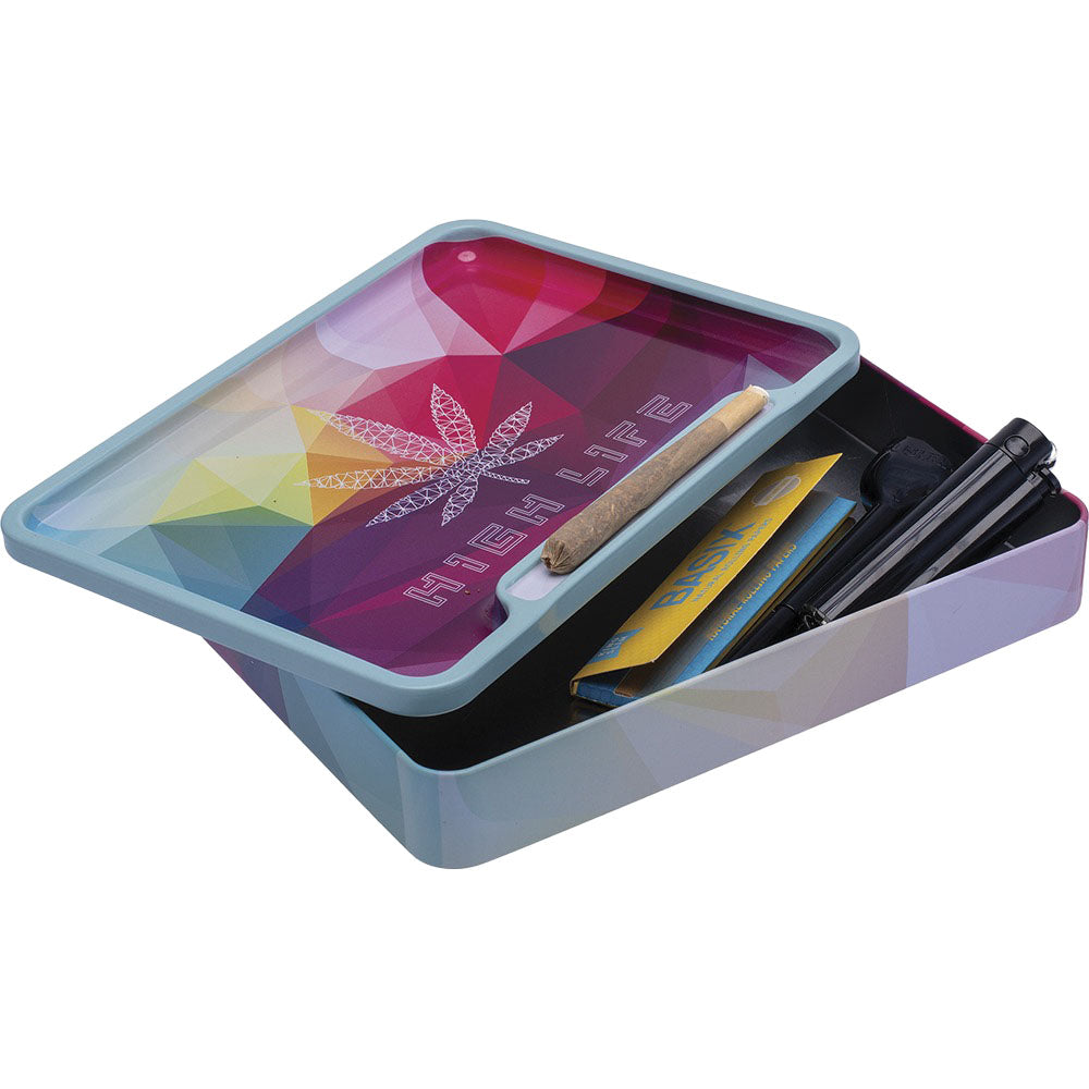Fujima Leaf Rolling Tray Stash Box with colorful leaf design, 8"x5.75" size, angled view