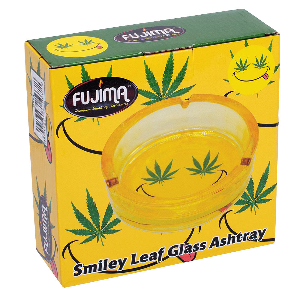 Fujima Leaf Smiley Face Glass Ashtray in packaging, Borosilicate Glass, 6.25" size