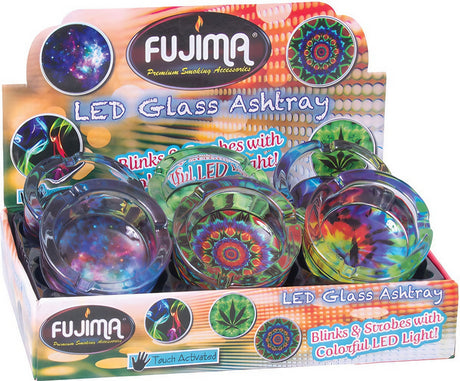 Fujima LED Psychedelic Glass Ashtrays 6 Pack Display with Colorful Patterns