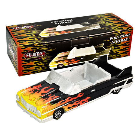 Fujima Lowrider Flame Car Ashtray, 9.5" Polyresin with Vibrant Flames, Front View with Box