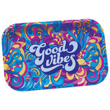Fujima Metal Rolling Tray with colorful 'Good Vibes' design - Top View, 7.5"x11.25"