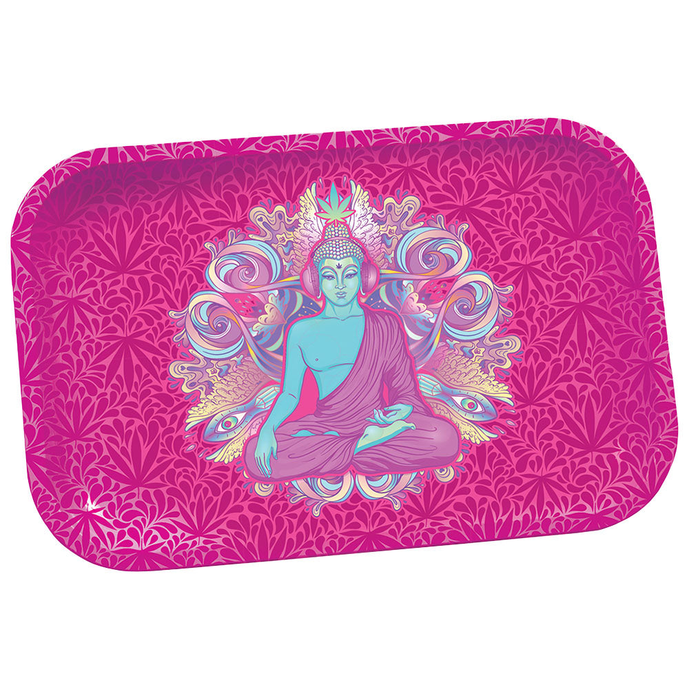 Fujima Metal Rolling Tray with Vibrant Meditating Figure Design - 7.5"x11.25" Top View