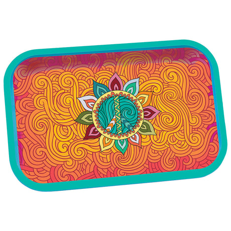 Fujima Metal Rolling Tray with vibrant mandala design, 7.5"x11.25", top view on white background