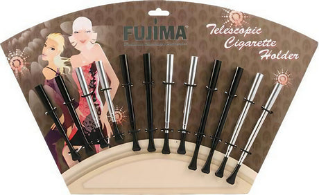 Fujima Metal Telescopic Cigarette Holders in black and silver, 12 pack, displayed on card