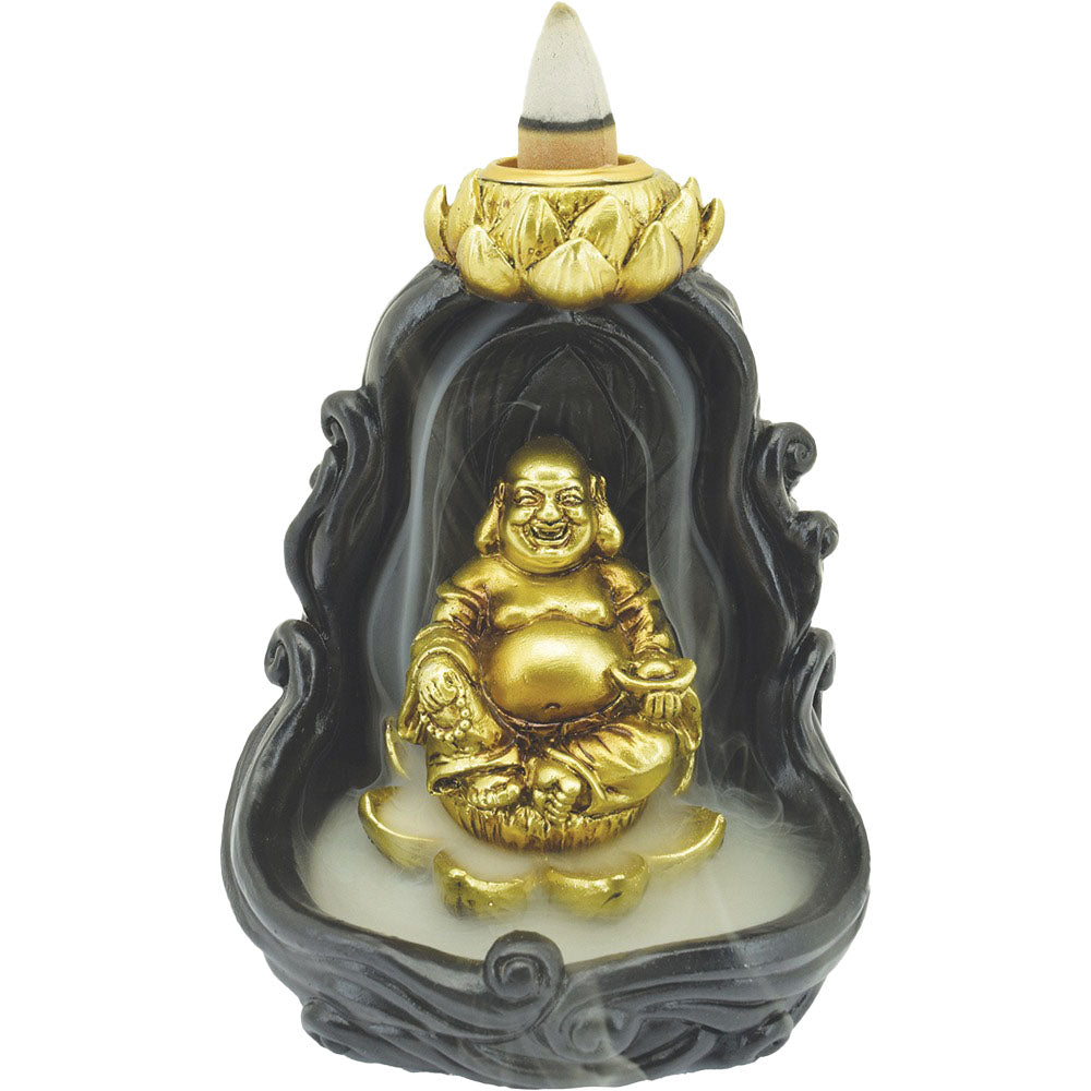 Fujima Mini Backflow Incense Burner featuring a laughing Buddha design, front view on white background