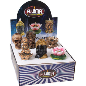 Fujima Mini Backflow Incense Burners 6-Pack featuring various designs in a display box