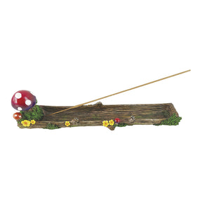 Fujima Mushroom Log Polystone Incense Burner, 10.75" long, with incense stick