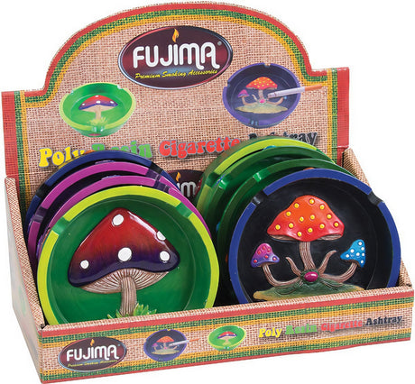 Fujima Mushroom Polyresin Ashtrays, 8 Pack Display with Vibrant Colors, Front View