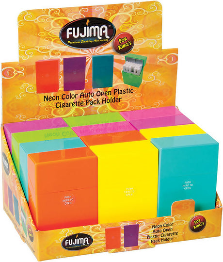Fujima Neon King Size Cigarette Cases in assorted colors displayed in retail packaging