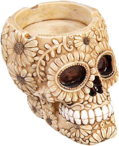 Fujima 4" Polyresin Sugar Skull Ashtray with Floral Detail - Side View