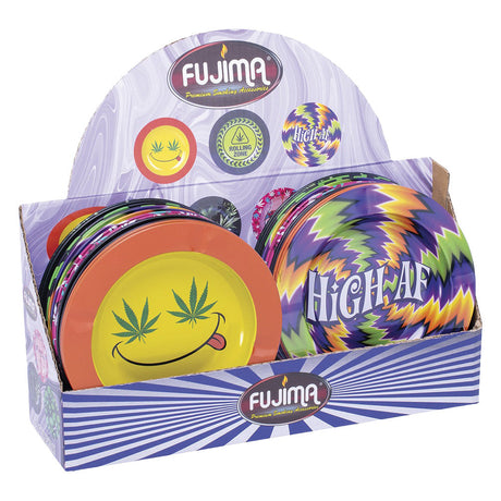 Fujima assorted design round tin ashtrays display, vibrant colors, 5.25" size, front view
