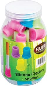 Fujima Silicone Cigarette Snuffers 48 Pack in assorted colors, displayed in clear jar