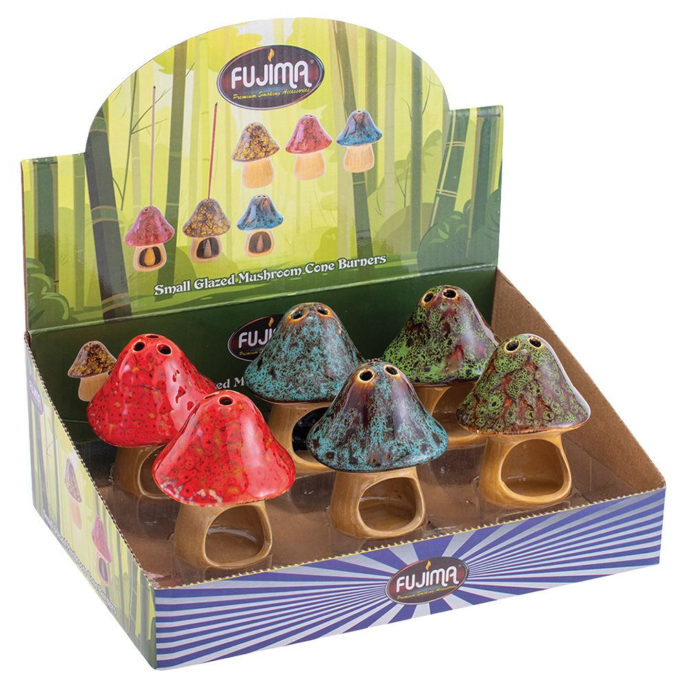 Fujima Small Glazed Mushroom Cone Ceramic Incense Burner | 2.75" | Assorted Colors | 6ct Display