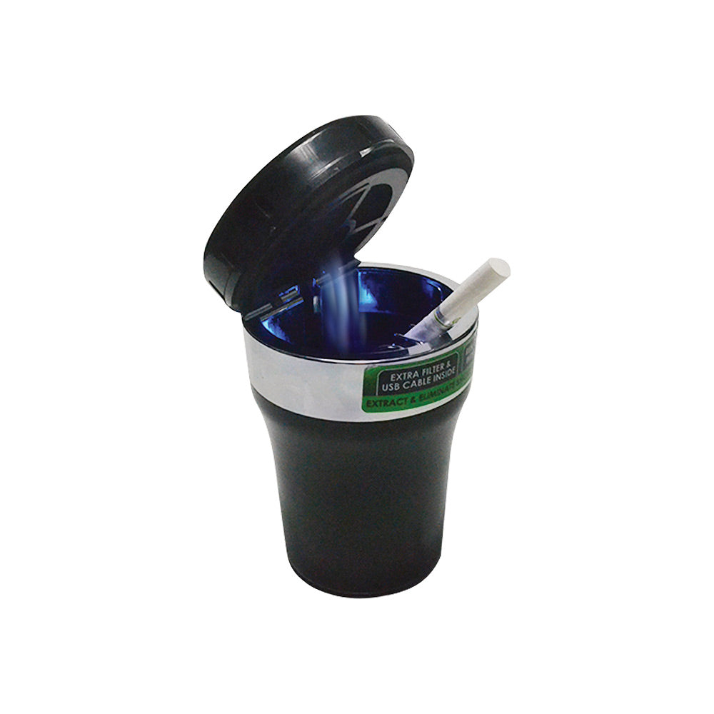 Fujima Smokeless Car Ashtray in black color, 5-inch size, front view with lid open and cigarette