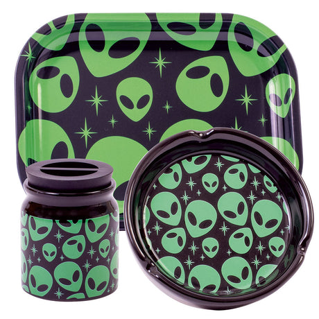 Fujima Smoking Essentials Gift Set with alien design, including ceramic jar, steel tray, and ashtray.