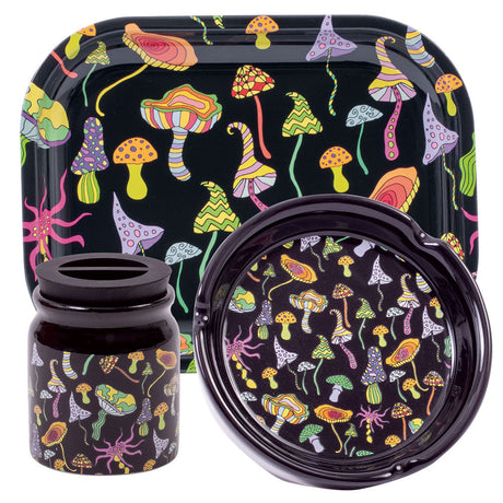Fujima Smoking Essentials 3-Pack with Mushroom Patterns, Ceramic Tray, Steel Jar, and Ashtray