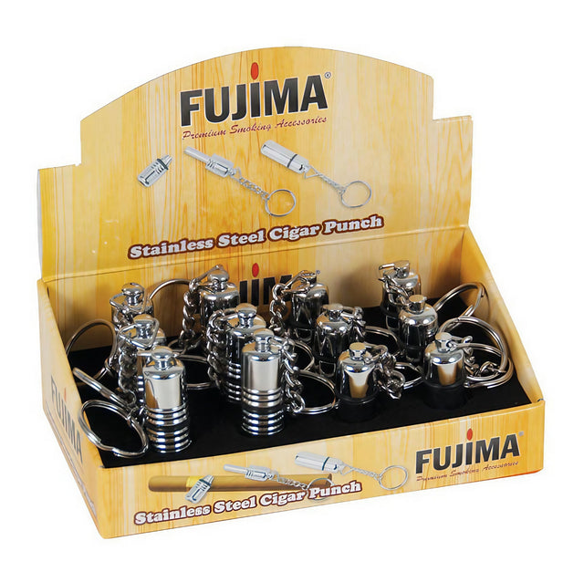 Fujima Stainless Steel Cigar Punch 12 Pack displayed in open box, portable design with keychains