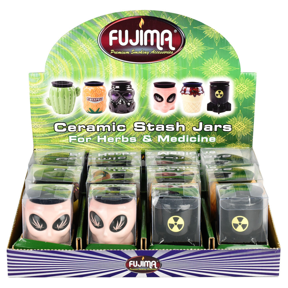 Fujima Stash It! Ceramic Storage Jars in Assorted Colors, 3" High, Display Box View