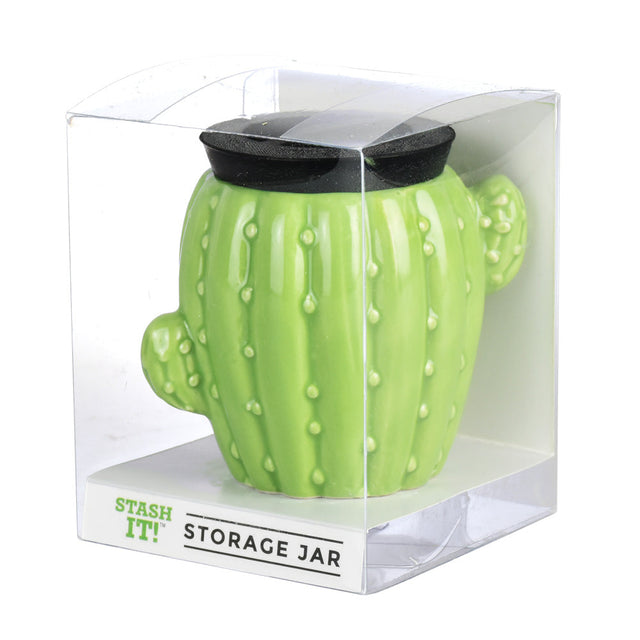 Fujima Stash It! Ceramic Cactus-Shaped Storage Jar, 3" Tall, Front View in Packaging