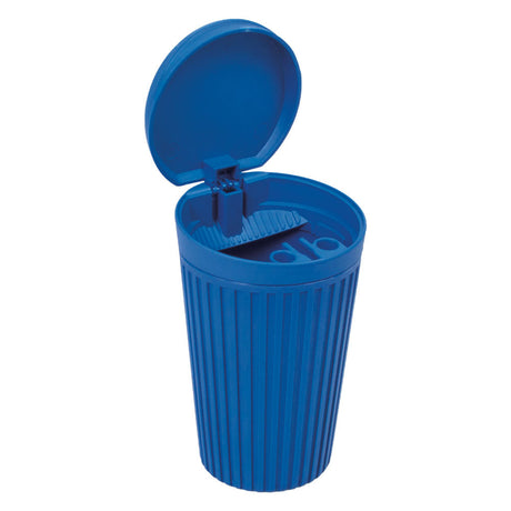 Fujima Trash Can Ashtray in blue, compact design with lid open, portable 3" size, 12 pack