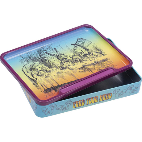 Fujima Trippy Alice Metal Rolling Tray, 8"x5.75", Colorful Illustration, Angled View