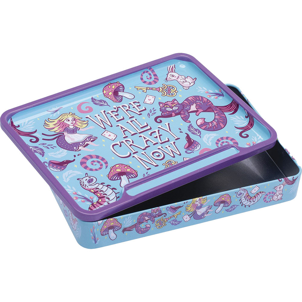 Fujima Trippy Alice Metal Rolling Tray, 8"x5.75" with Psychedelic Design, Angled View