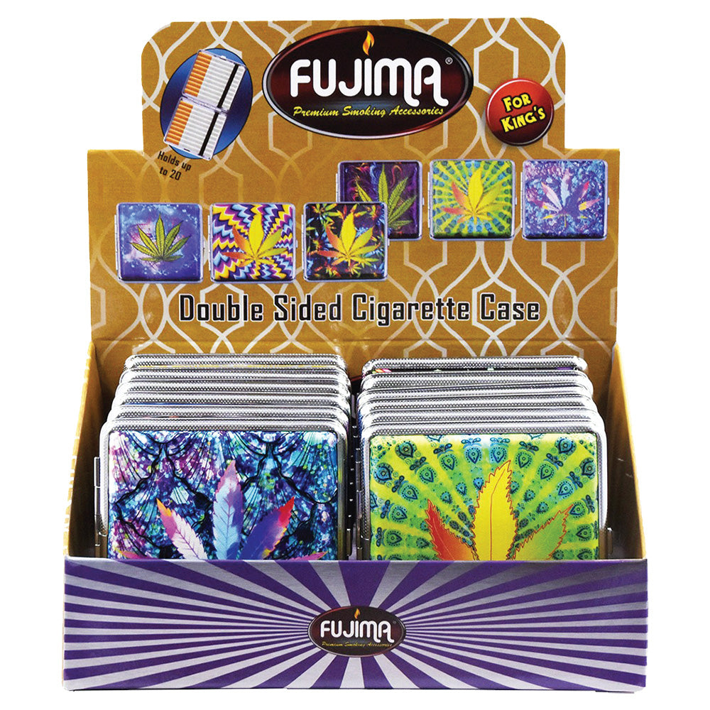 Fujima Trippy Leaves Metal Cigarette Case Display, King Size, Assorted Designs, Front View