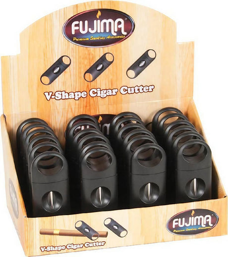 Fujima V-Shape Cigar Cutters in a 24-pack display box, front view on white background
