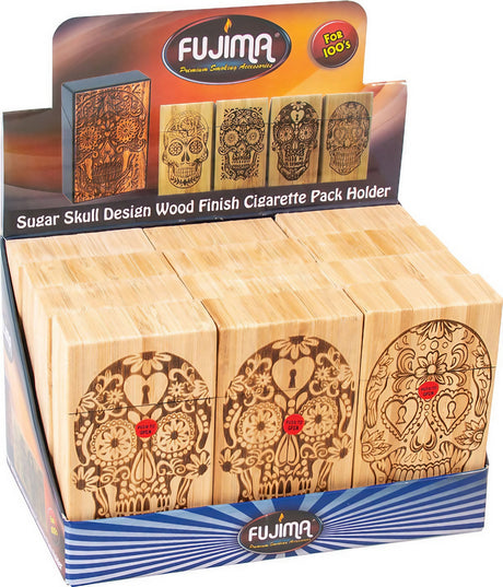 Fujima Wood Sugar Skull Cigarette Cases - 12 Pack Display Front View