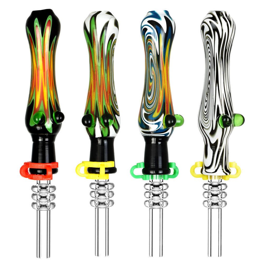 Assorted Fully Worked Wig Wag Dab Straws with Titanium Tips, 5.5" Borosilicate Glass, Front View