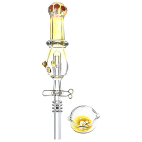 Color-changing fumed glass quartz tip vapor straw kit with dish, compact design, front view