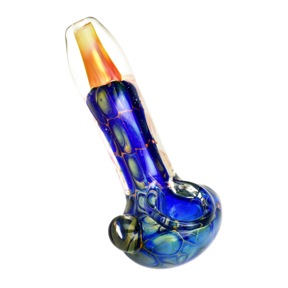 Fumed Glass Spoon Pipe with Aqua Sea Turtle Shell Design for Dry Herbs, Borosilicate - Front View