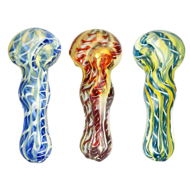 Fumed Latticino Spoon Pipes in blue, red, and yellow swirl designs, 3.75" borosilicate glass, front view