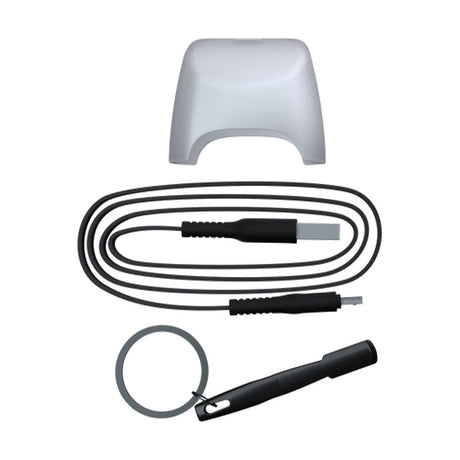G Pen Dash+ Dry Herb Vaporizer accessories, including USB cable and keychain tool, on white