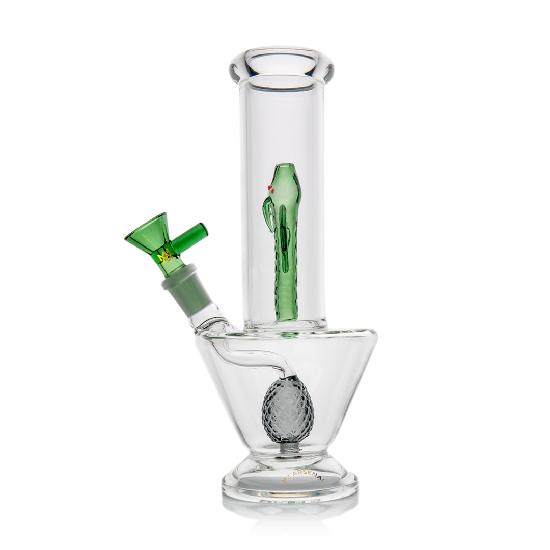 MJ Arsenal Firebreather Water Pipe with green accents and 14mm bowl, front view on white background