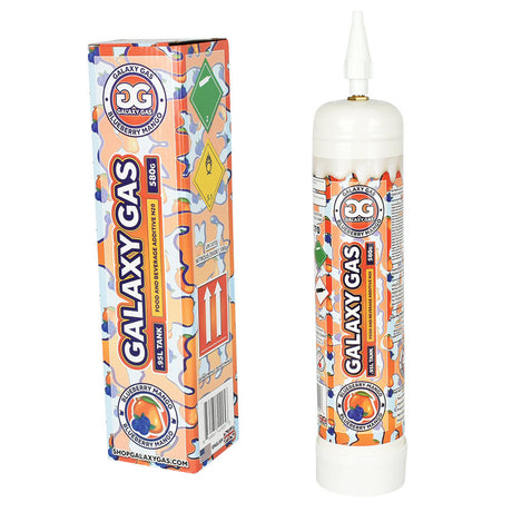 Galaxy Gas Infusion Cream Charger Canister 580g, Blueberry Mango flavor, front and side view