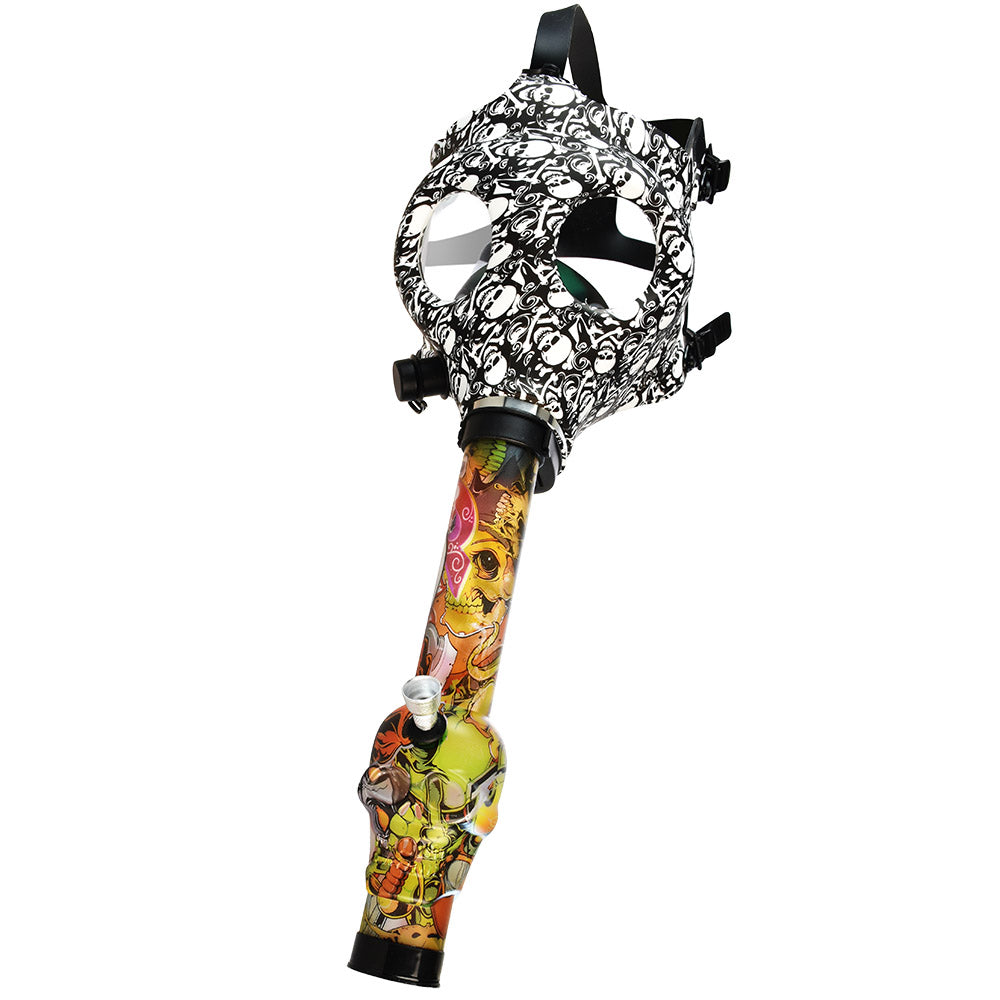 Black & White Skulls Gas Mask with colorful Acrylic Water Pipe side view, easy to use for immersive smoking