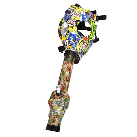 Colorful Skull Gas Mask with Acrylic Water Pipe, 10.25" height, side view on white background
