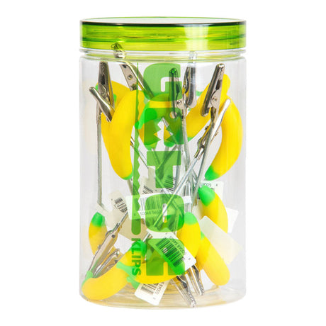 Gator Klips Banana Memo Clip jar with 14 silicone and steel clips for holding joints