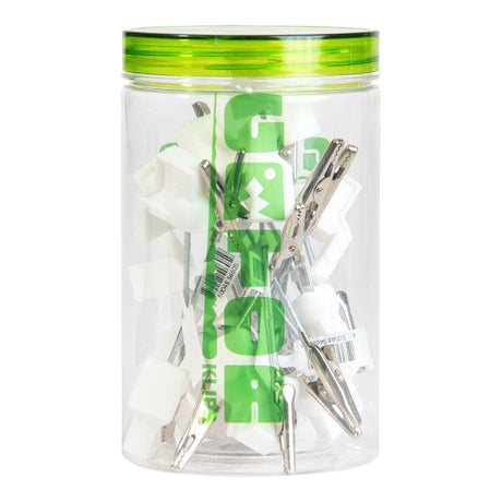 Gator Klips Toilet Memo Clip assortment in a clear jar, silicone and steel, easy grip design