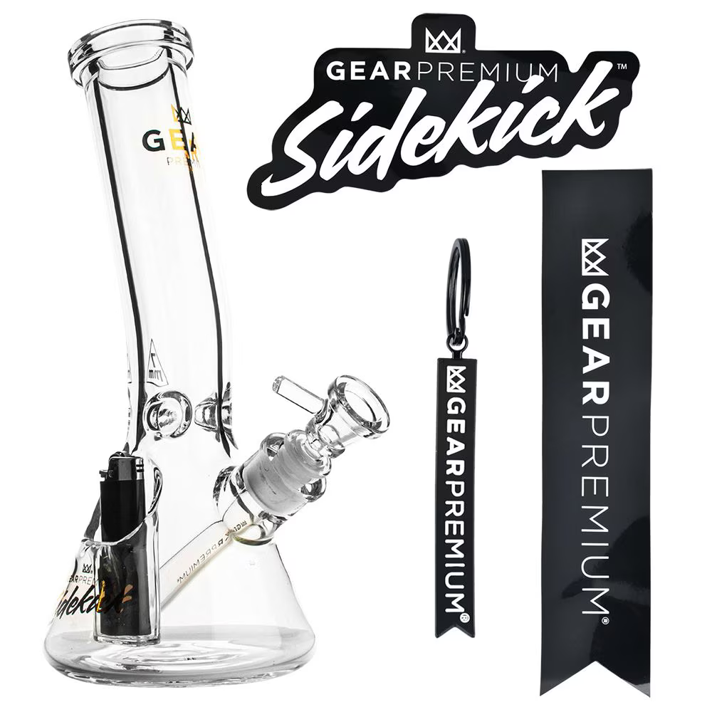 Gear Premium Sidekick Laid Back Glass Beaker Water Pipe | Clear | 12" | 14mm F | Licensed Gift Box Included