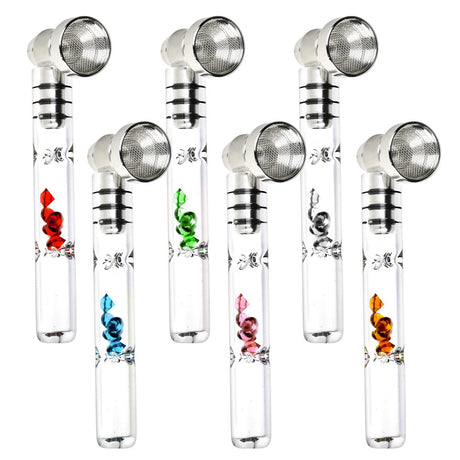 Assorted gem-filled glass & metal hand pipes, 3.75" size, displayed in rows