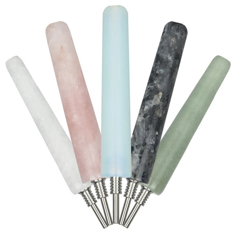 Assorted Gemstone Dab Straws with Titanium Tips, 5" 10mm, displayed fan-style on white background