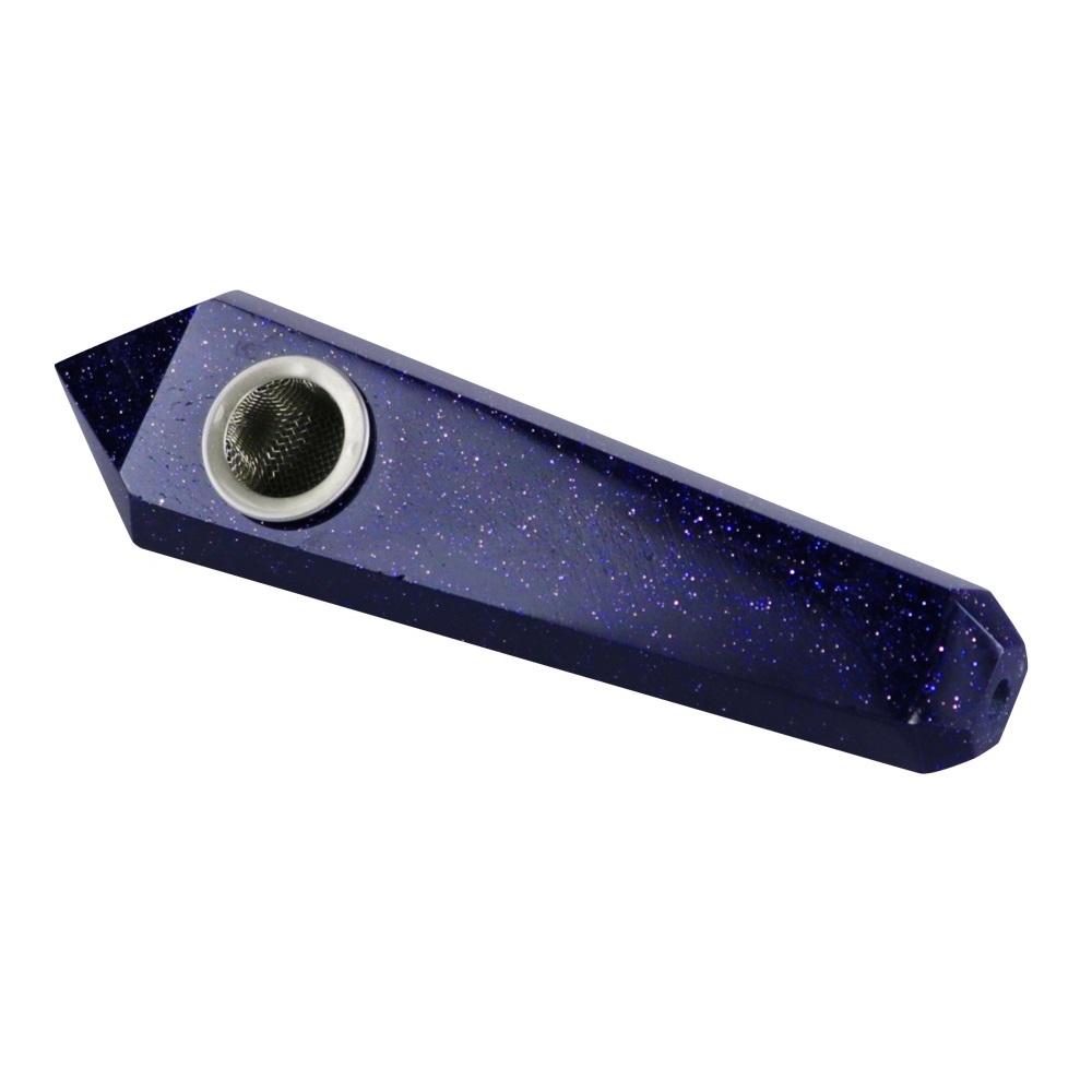 Gemstx Gemstone Hand Pipe in deep blue with sparkling details, angled side view