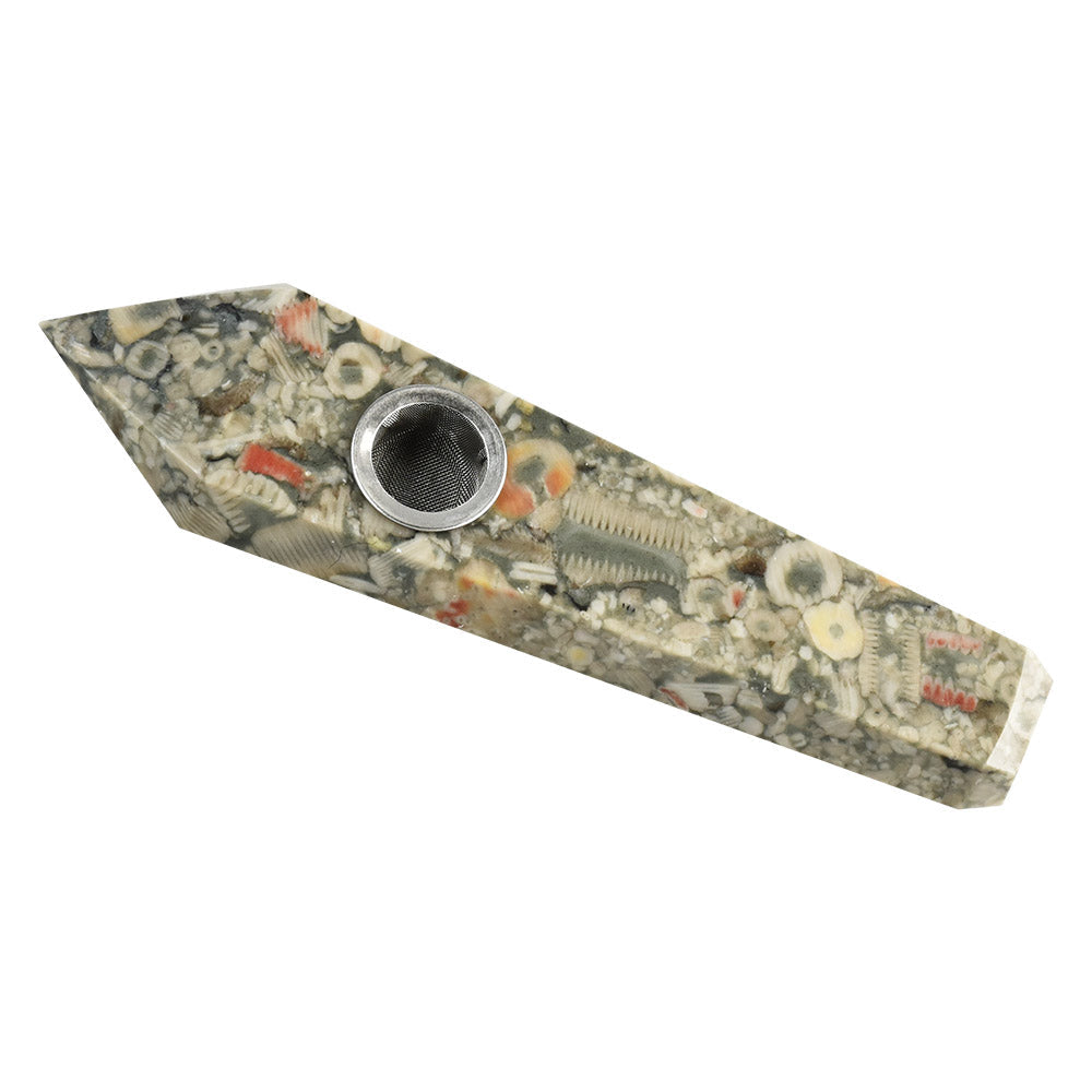 Gemstx Gemstone Hand Pipe with intricate fossil design - Top View
