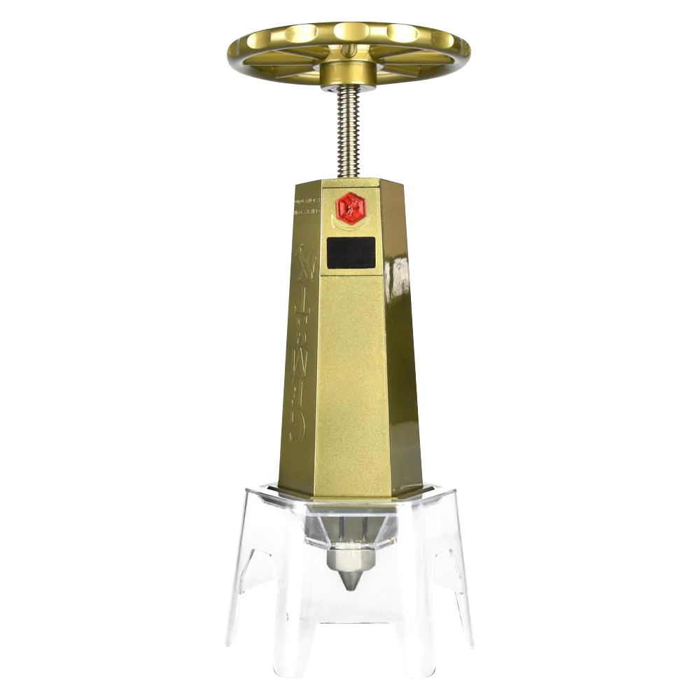 GEMSTX Solventless Rosin Extractor in steel with organic material press, front view on white background