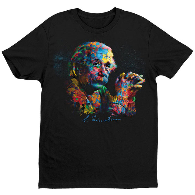 Get Down Art Einstein Brilliance of Color T-Shirt, vibrant print on black cotton, front view