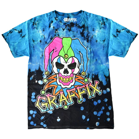 Get Down Art Neon Graffix Logo T-Shirt with blue & black tie-dye and skull design, front view on white
